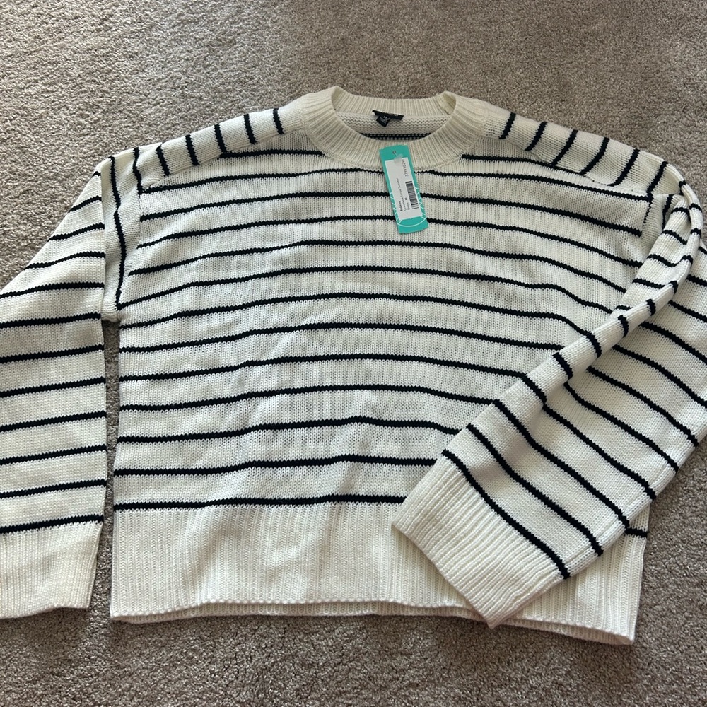 Bobeau Black and White Striped Crewneck Sweater